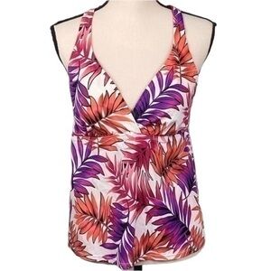 JANTZEN coral, purple and white deep “V” tankini top w/leaf design. Size 12. EUC